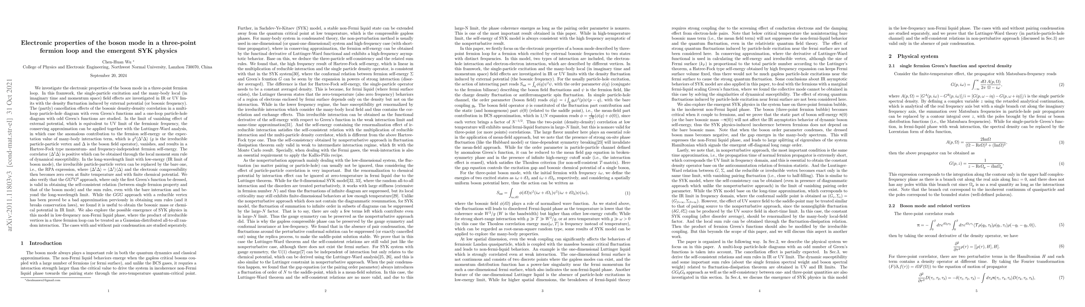 Thumbnail for Electronic properties of the boson mode in a three-point fermion loop
  and the emergent SYK physics