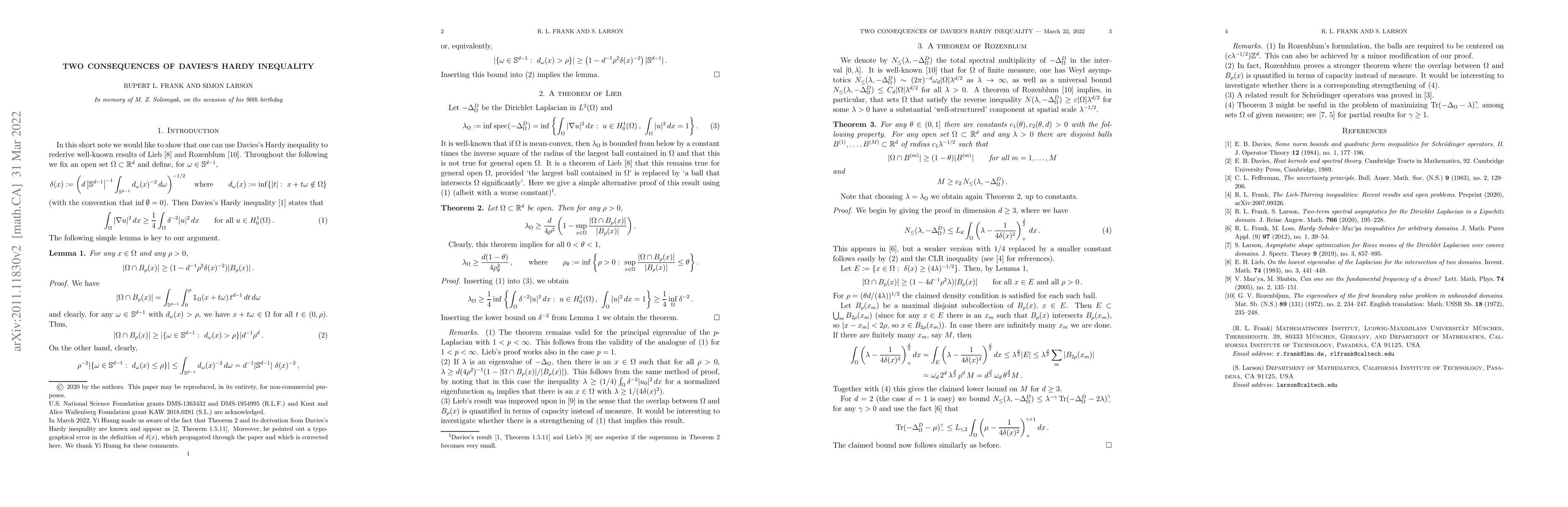 Thumbnail for Two consequences of Davies's Hardy inequality