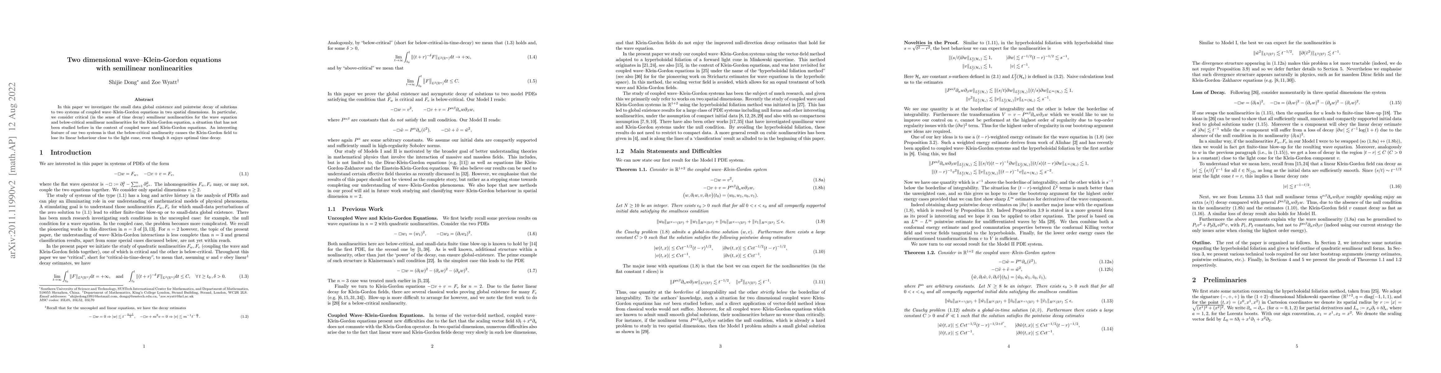 Thumbnail for Two dimensional wave--Klein-Gordon equations with semilinear
  nonlinearities