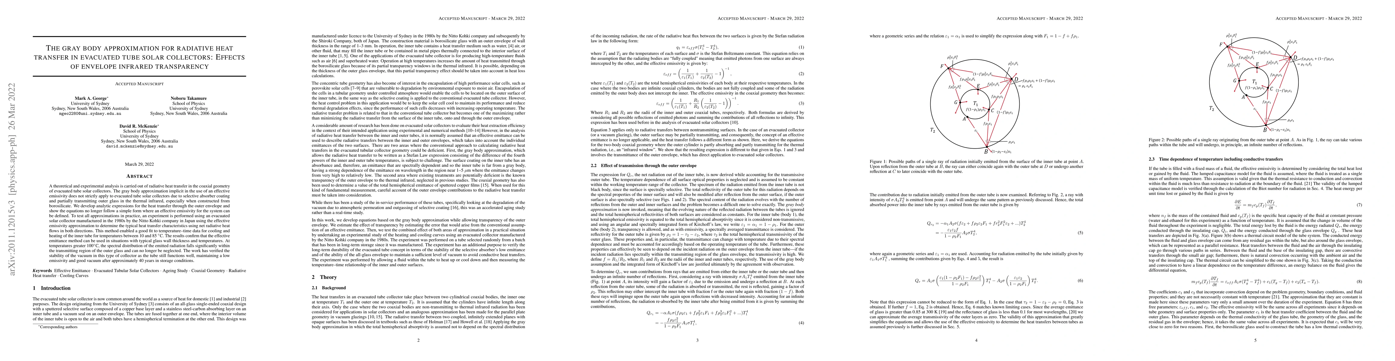 Thumbnail for The gray body approximation for radiative heat transfer in evacuated
  tube solar collectors: Effects of envelope infrared transparency