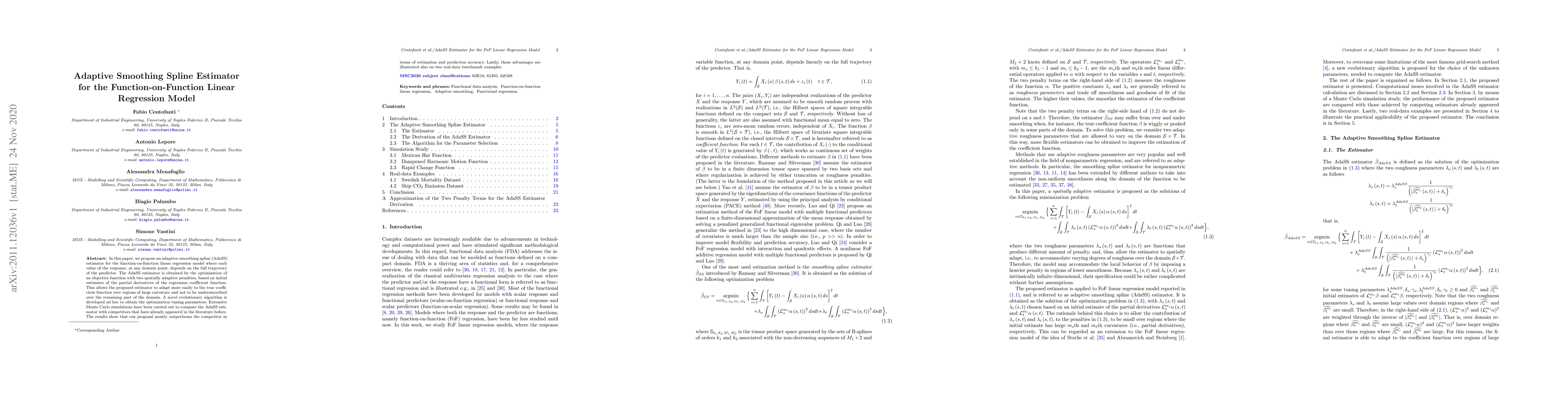 Thumbnail for Adaptive Smoothing Spline Estimator for the Function-on-Function Linear
  Regression Model