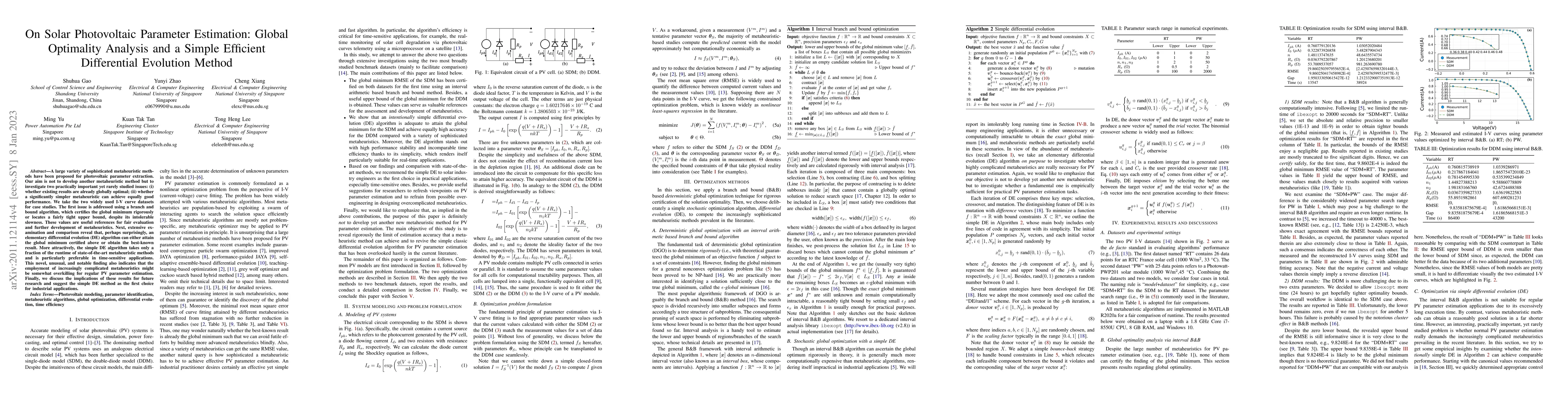 Thumbnail for On Solar Photovoltaic Parameter Estimation: Global Optimality Analysis
  and a Simple Efficient Differential Evolution Method