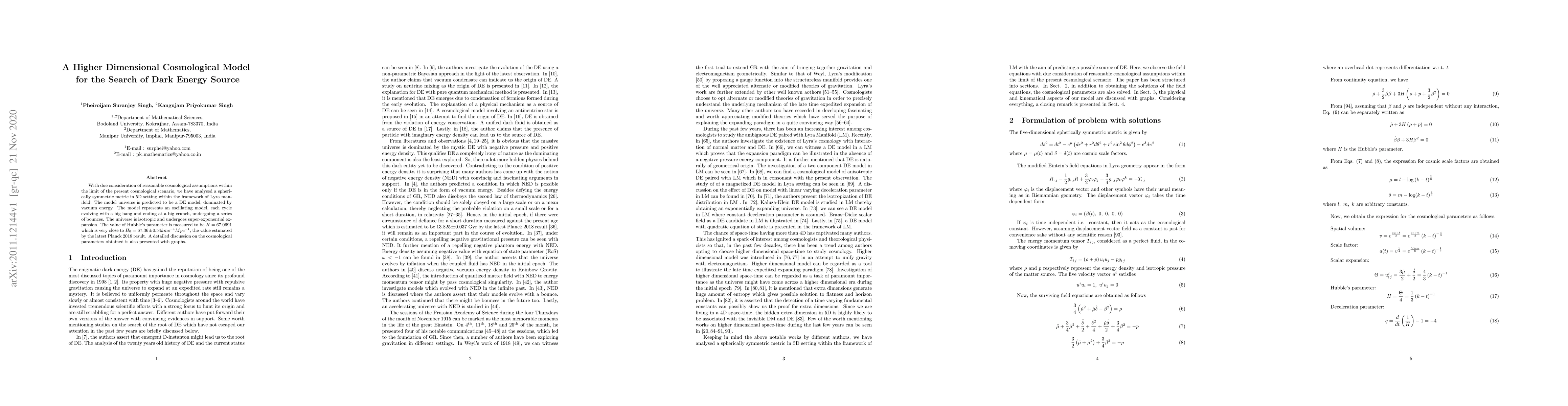 Thumbnail for A Higher Dimensional Cosmological Model for the Search of Dark Energy
  Source