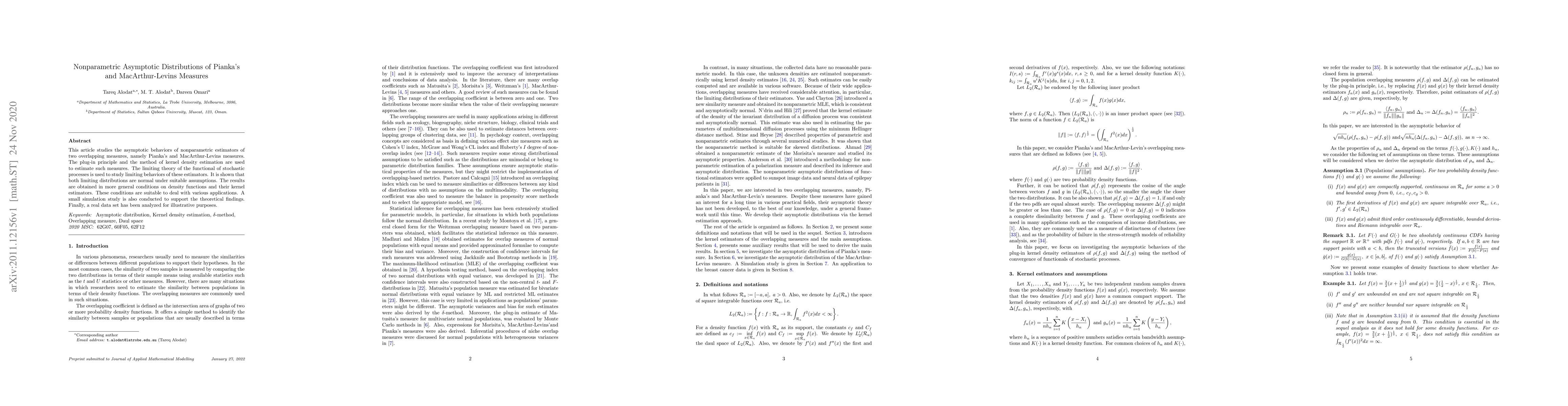 Thumbnail for Nonparametric Asymptotic Distributions of Pianka's and MacArthur-Levins
  Measures