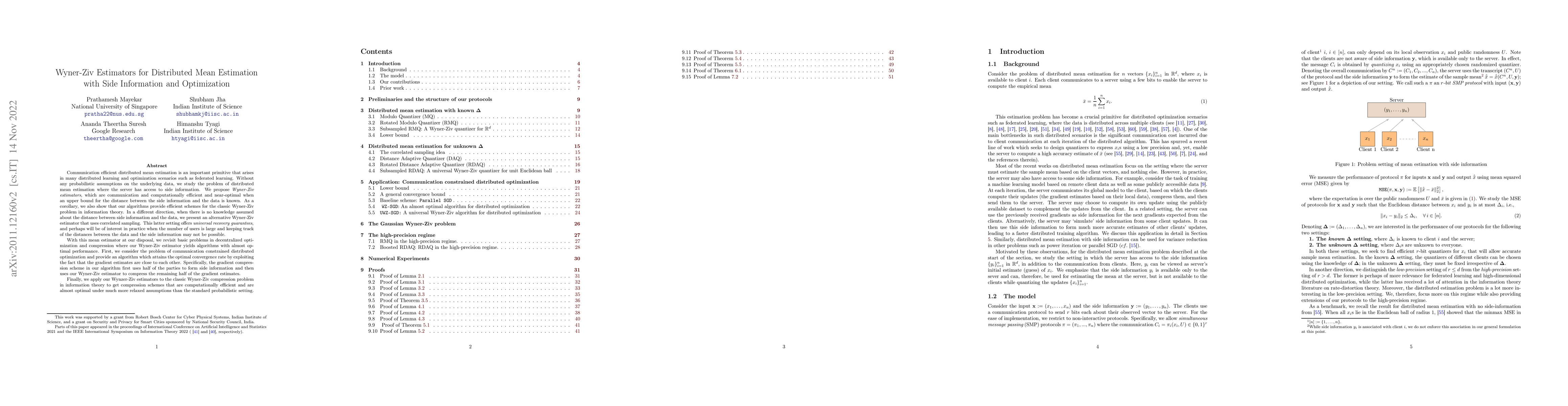 Thumbnail for Wyner-Ziv Estimators for Distributed Mean Estimation with Side
  Information and Optimization