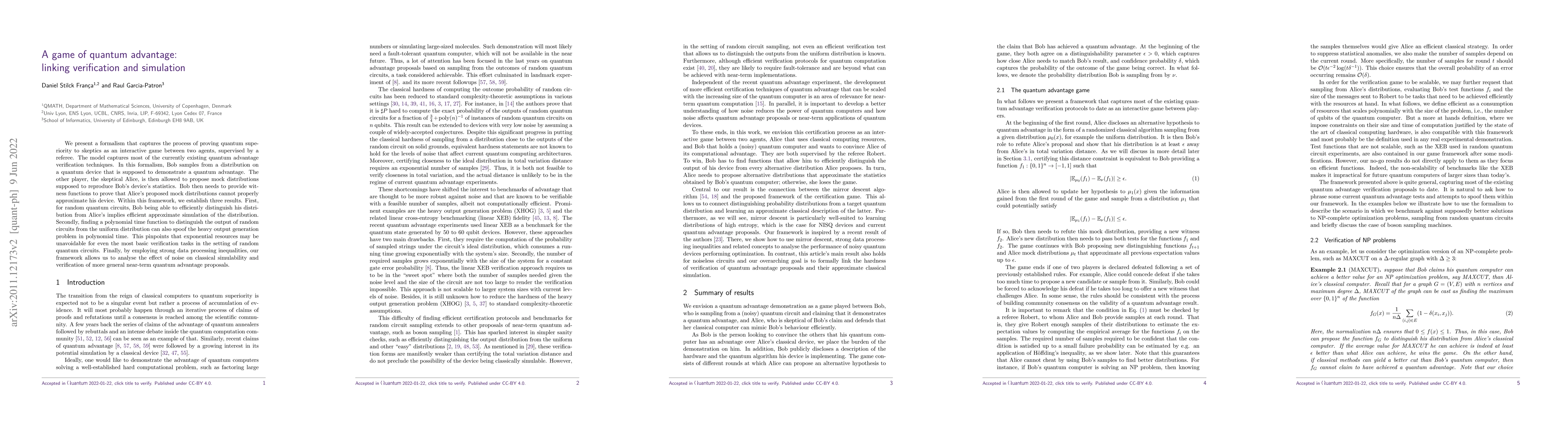 Thumbnail for A game of quantum advantage: linking verification and simulation