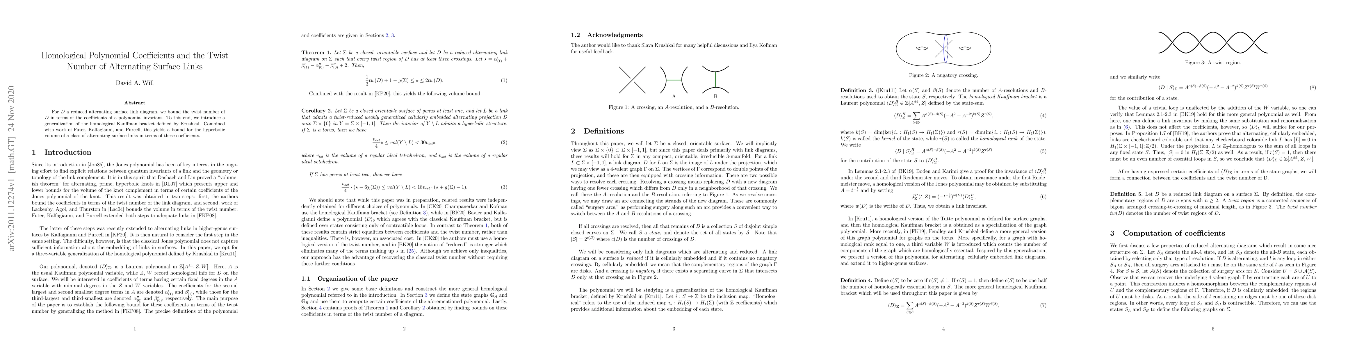 Thumbnail for Homological Polynomial Coefficients and the Twist Number of Alternating
  Surface Links
