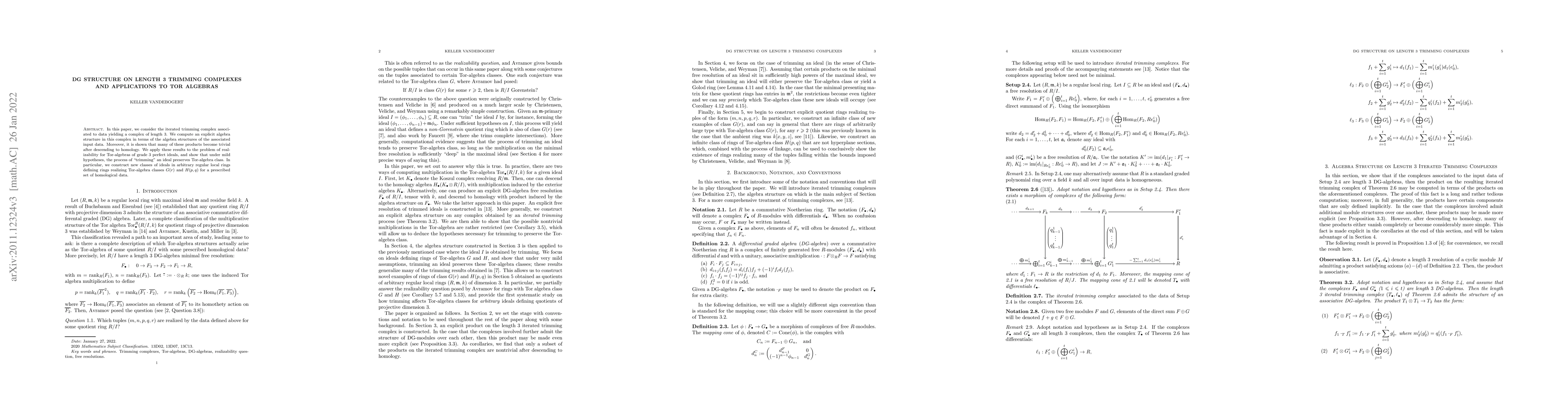 Thumbnail for DG Structure on Length 3 Trimming Complexes and Applications to Tor
  Algebras
