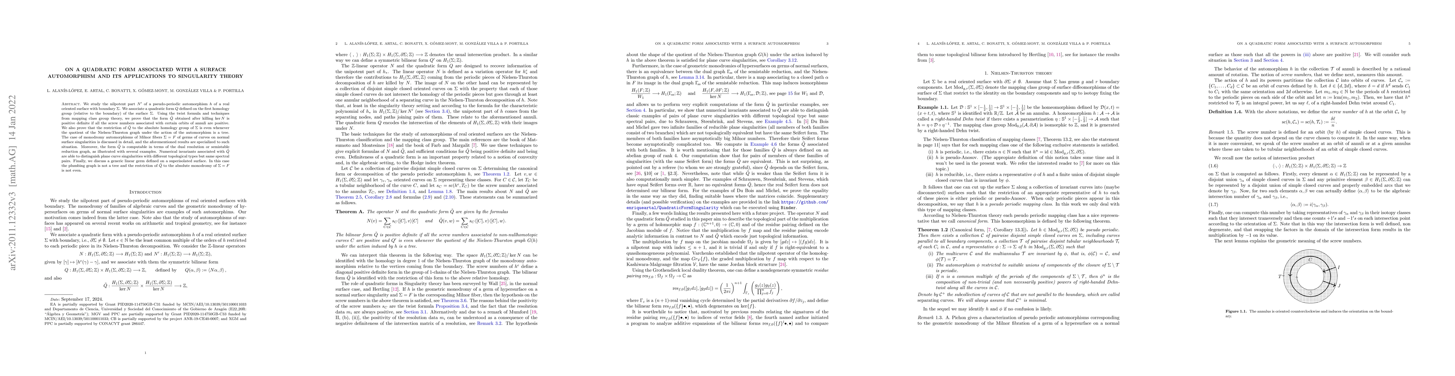 Thumbnail for On a quadratic form associated with a surface automorphism and its
  applications to Singularity Theory