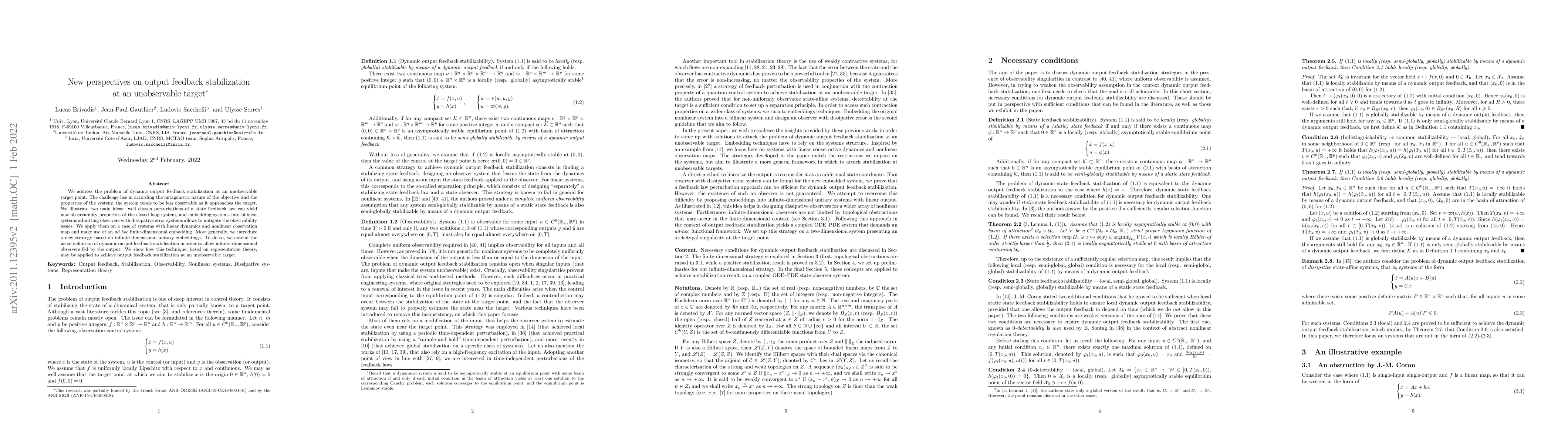 Thumbnail for New perspectives on output feedback stabilization at an unobservable
  target
