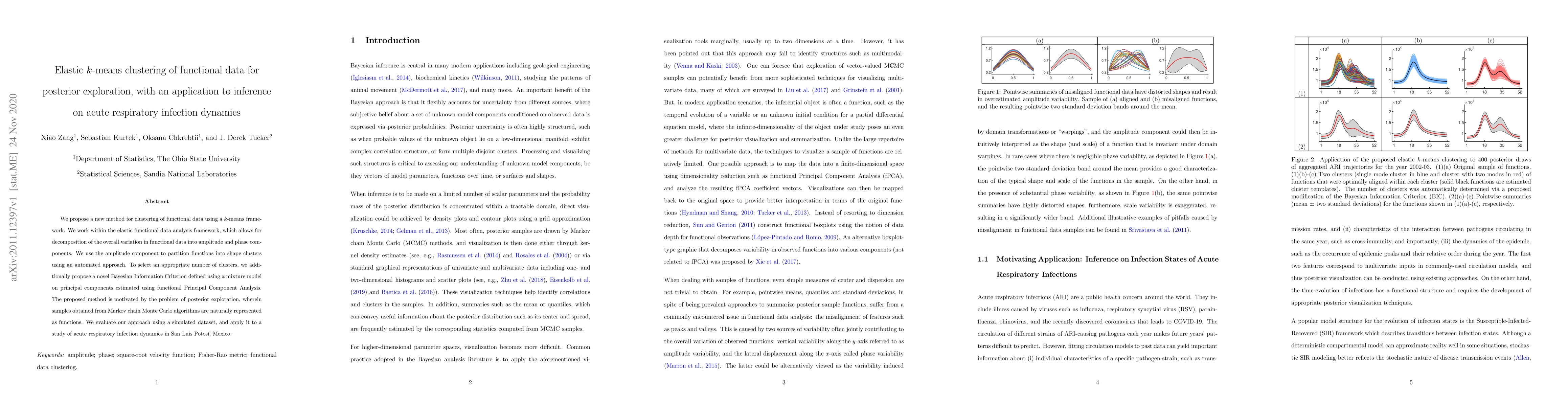 Thumbnail for Elastic $k$-means clustering of functional data for posterior
  exploration, with an application to inference on acute respiratory infection
  dynamics