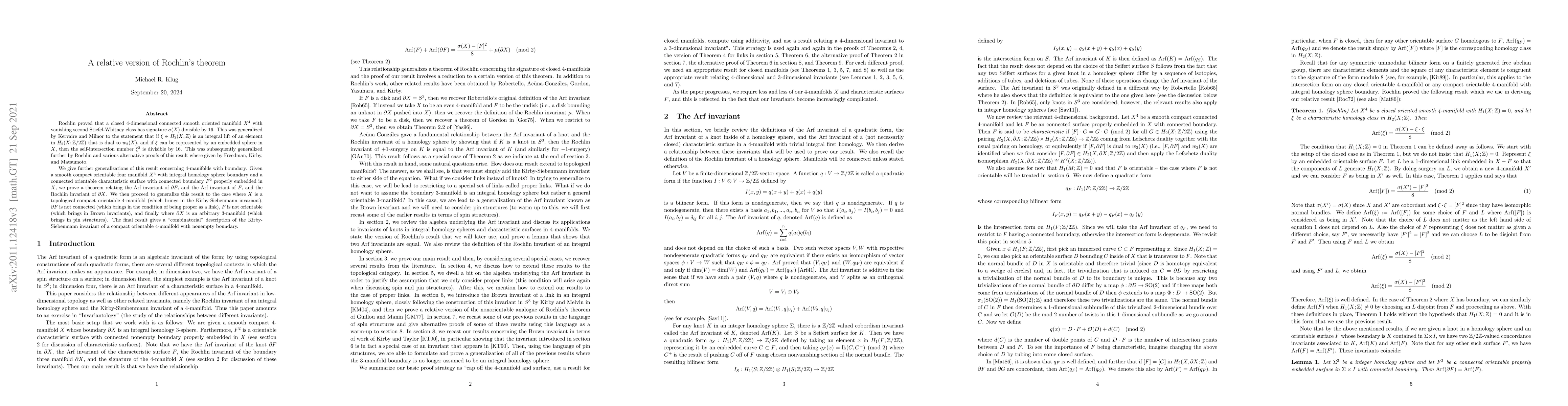 Thumbnail for A relative version of Rochlin's theorem