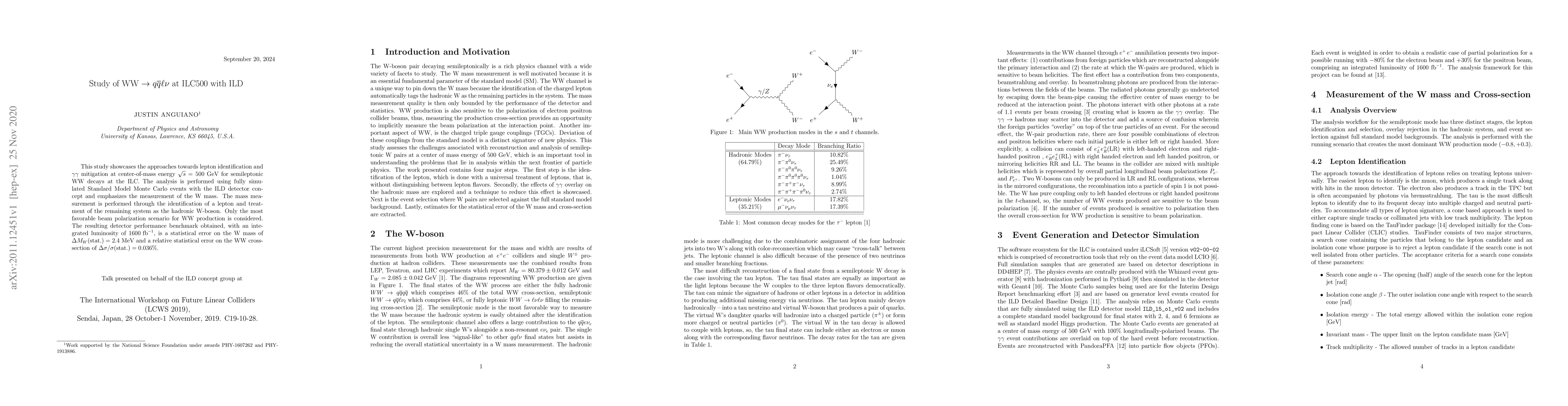 Thumbnail for Study of $WW\rightarrow q\bar{q}\ell\nu$ at ILC500 with ILD