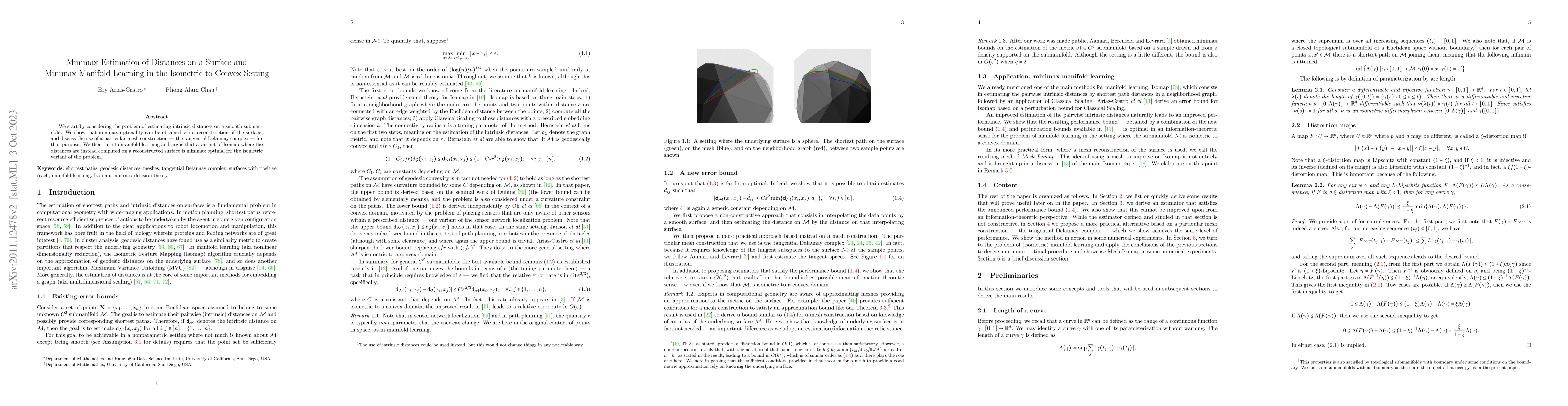 Thumbnail for Minimax Estimation of Distances on a Surface and Minimax Manifold
  Learning in the Isometric-to-Convex Setting