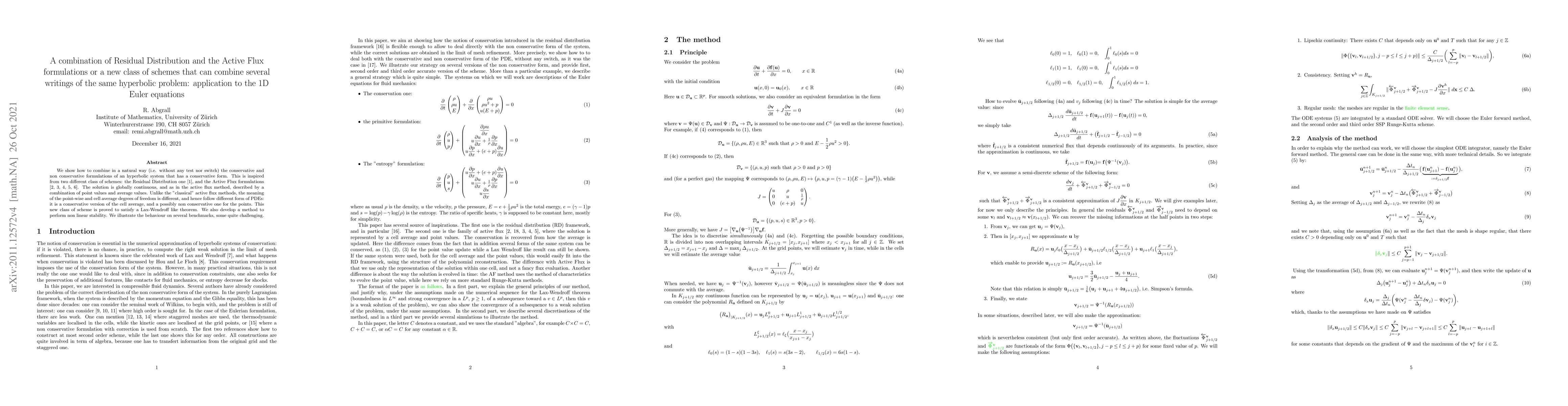 Thumbnail for A combination of Residual Distribution and the Active Flux formulations
  or a new class of schemes that can combine several writings of the same
  hyperbolic problem: application to the 1D Euler equations