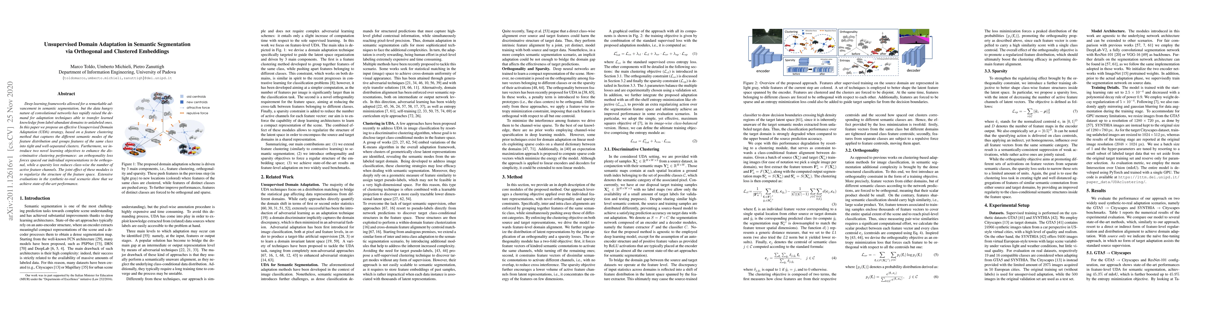 Thumbnail for Unsupervised Domain Adaptation in Semantic Segmentation via Orthogonal
  and Clustered Embeddings