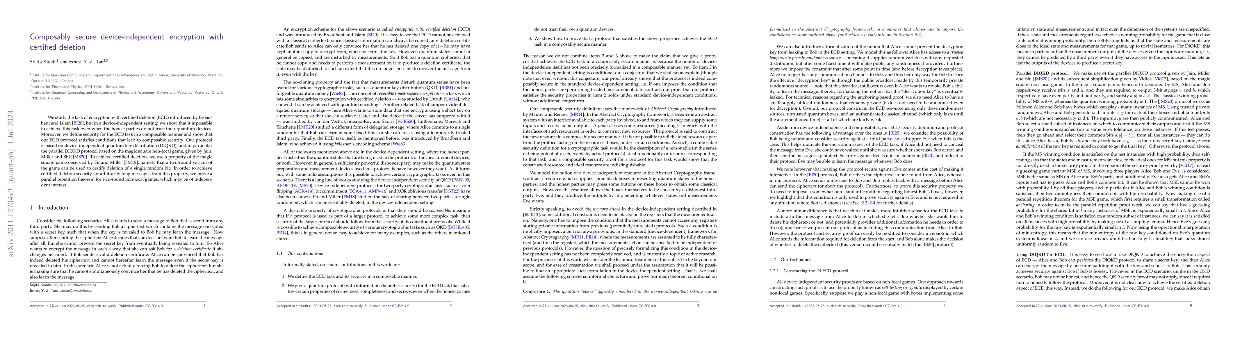 Thumbnail for Composably secure device-independent encryption with certified deletion