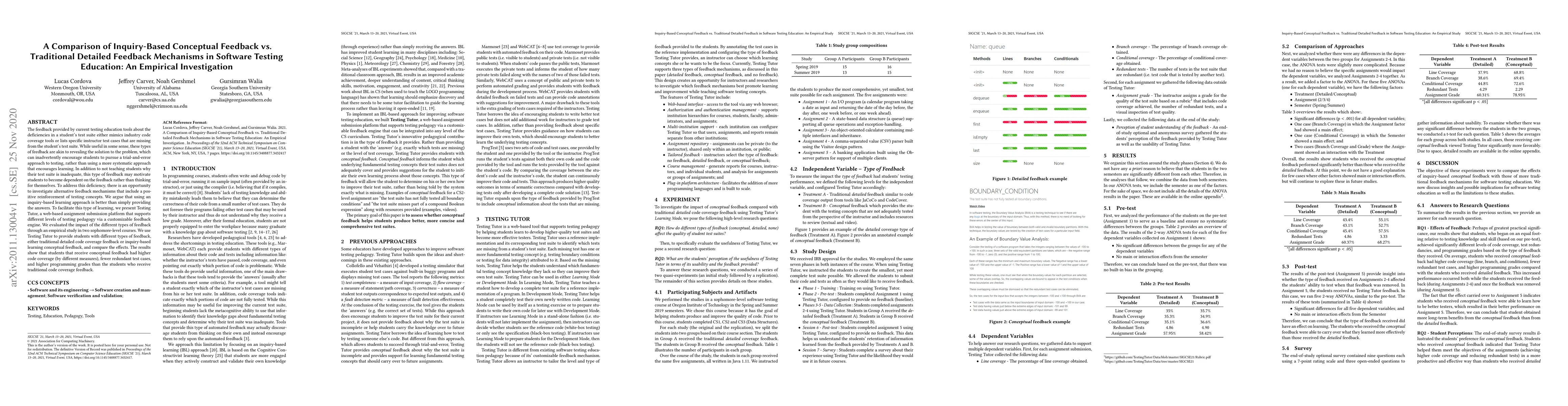 Thumbnail for A Comparison of Inquiry-Based Conceptual Feedback vs. Traditional
  Detailed Feedback Mechanisms in Software Testing Education: An Empirical
  Investigation