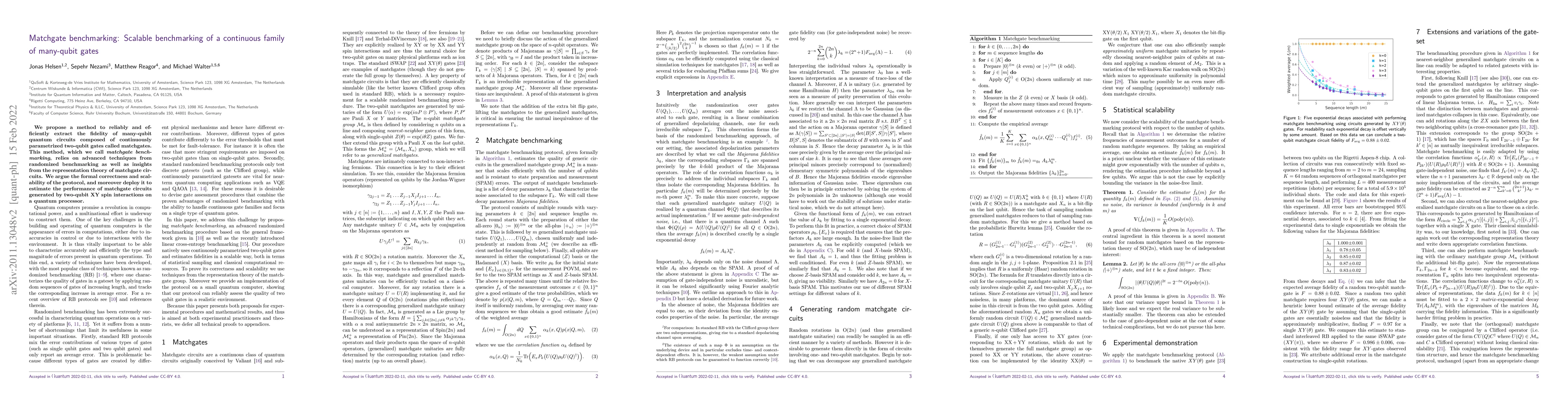 Thumbnail for Matchgate benchmarking: Scalable benchmarking of a continuous family of
  many-qubit gates