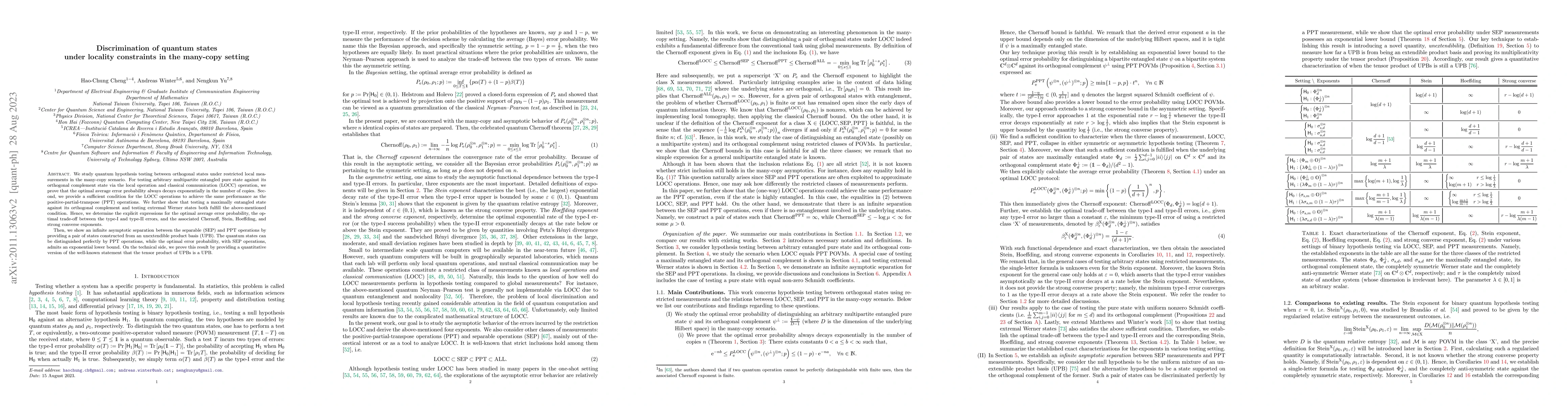 Thumbnail for Discrimination of quantum states under locality constraints in the
  many-copy setting