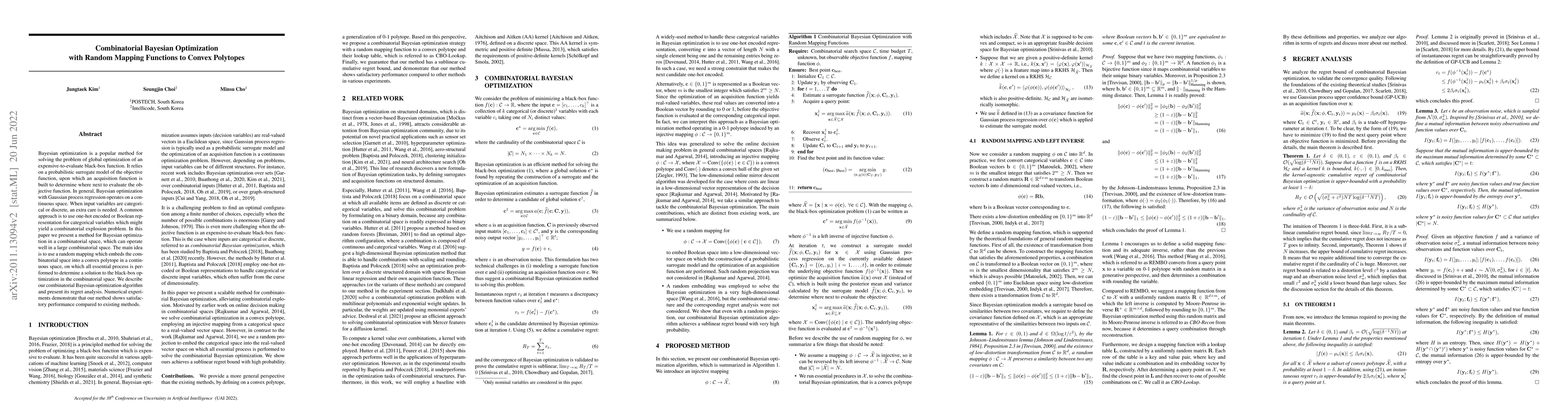 Thumbnail for Combinatorial Bayesian Optimization with Random Mapping Functions to
  Convex Polytopes