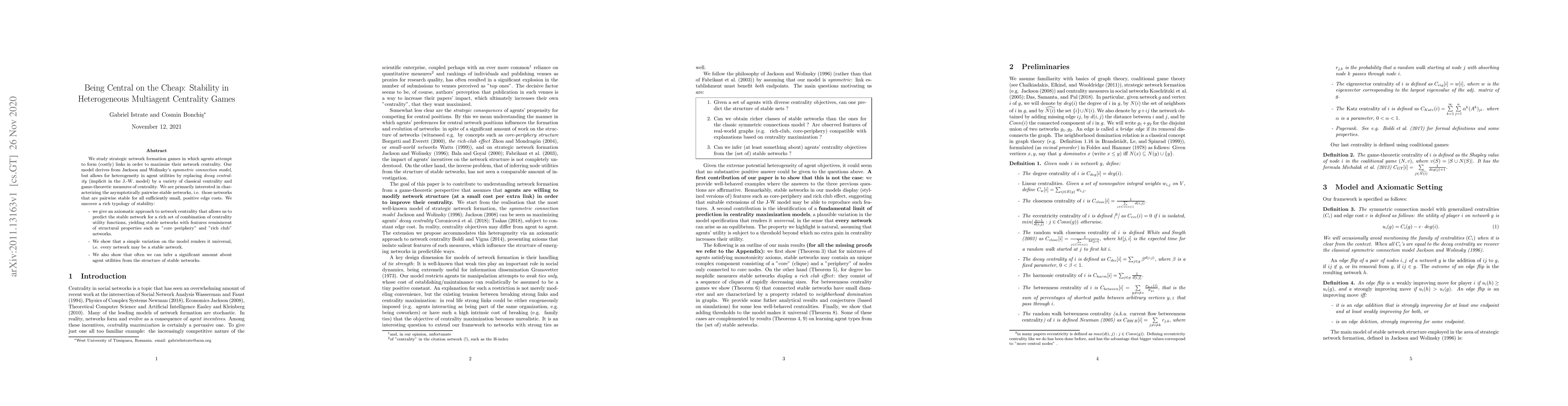 Thumbnail for Being Central on the Cheap: Stability in Heterogeneous Multiagent
  Centrality Games