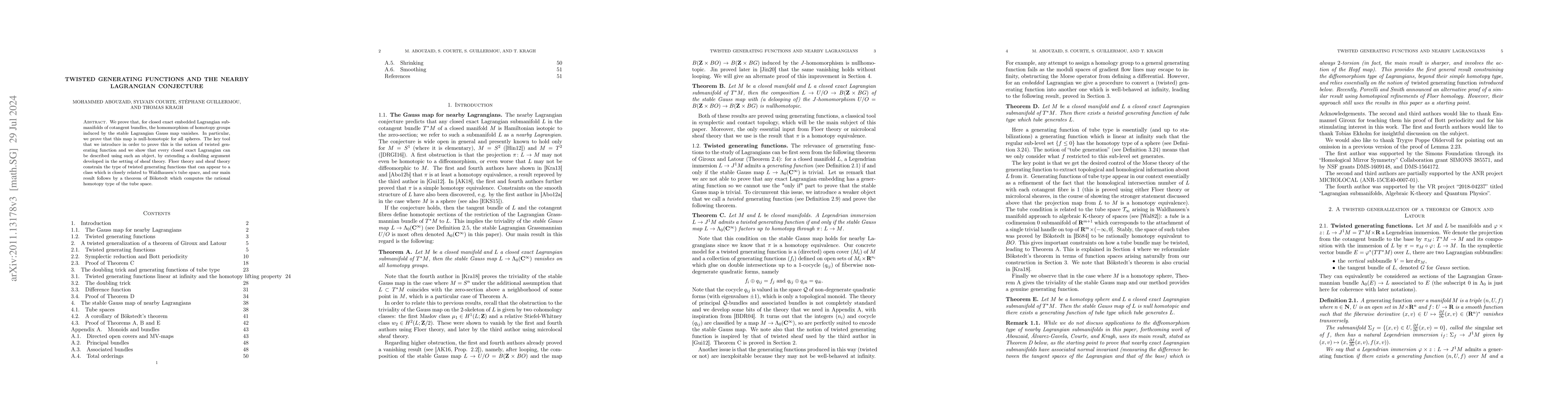 Thumbnail for Twisted generating functions and the nearby Lagrangian conjecture