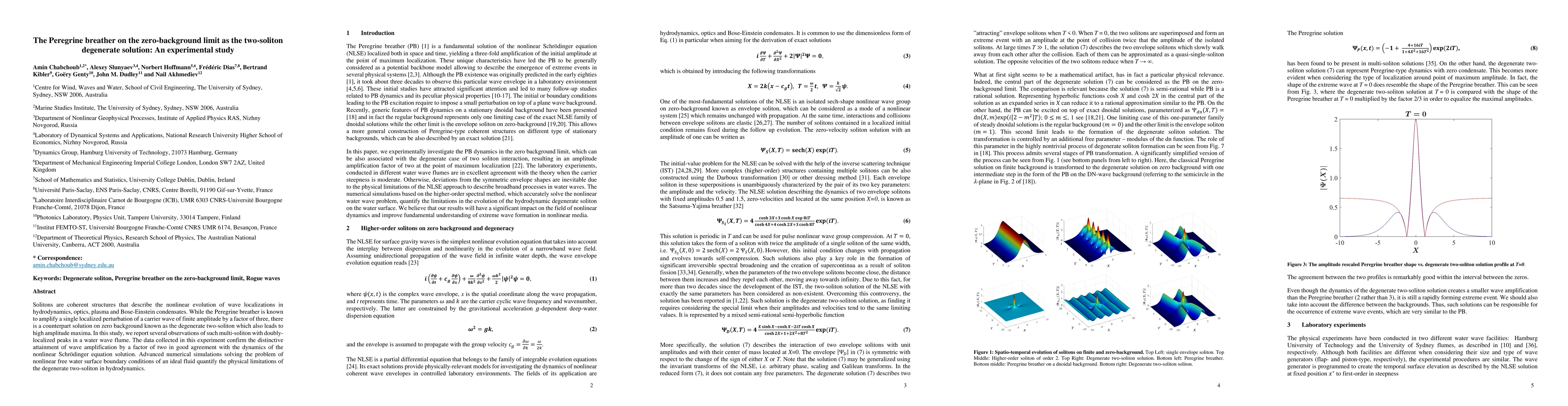 Thumbnail for The Peregrine breather on the zero-background limit as the two-soliton
  degenerate solution: An experimental study