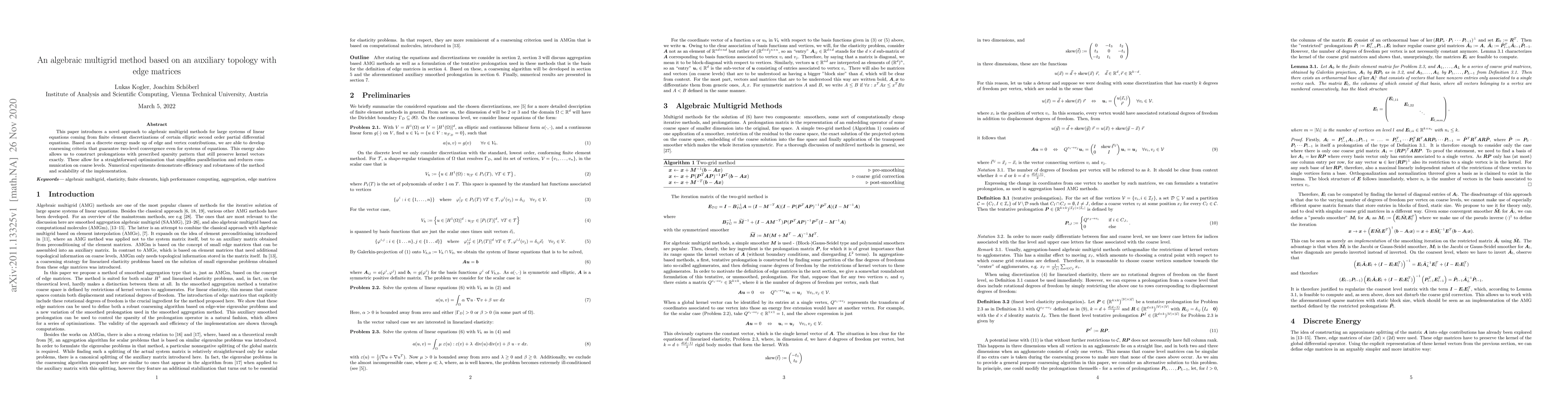Thumbnail for An algebraic multigrid method based on an auxiliary topology with edge
  matrices
