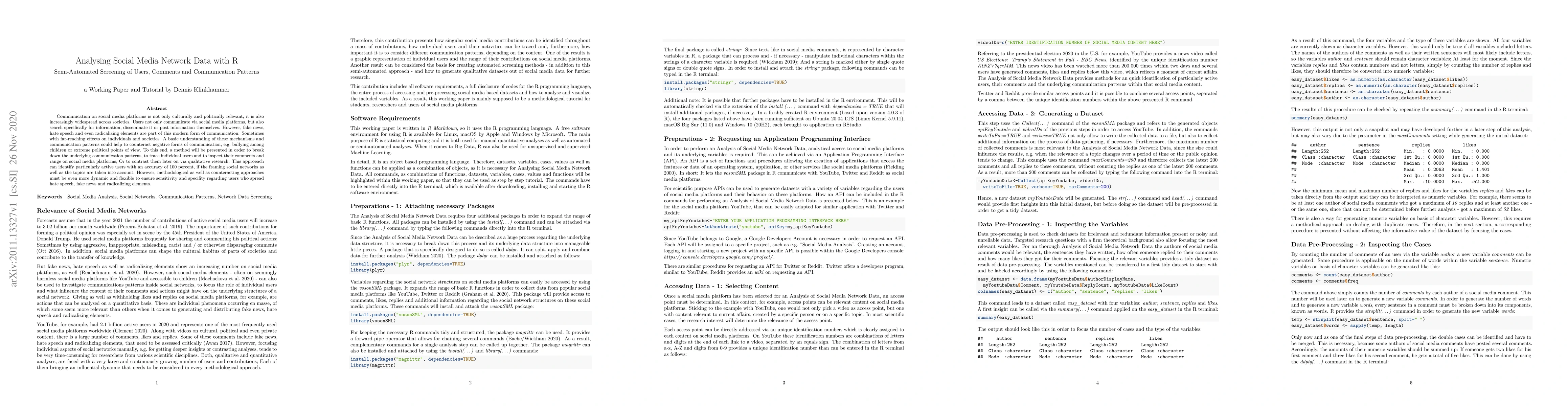 Thumbnail for Analysing Social Media Network Data with R: Semi-Automated Screening of
  Users, Comments and Communication Patterns