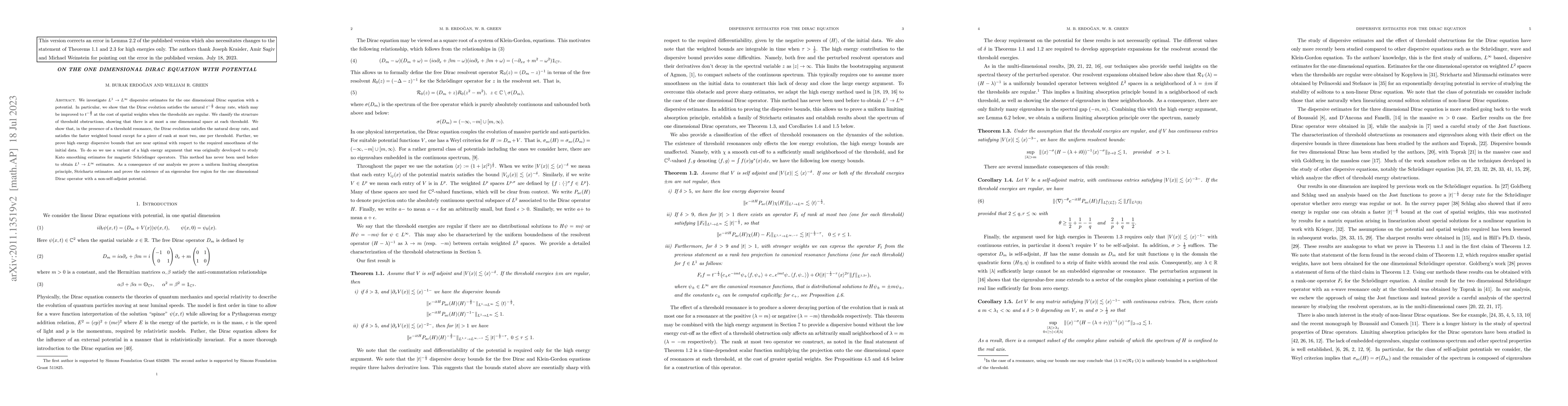 Thumbnail for On the one dimensional Dirac equation with potential