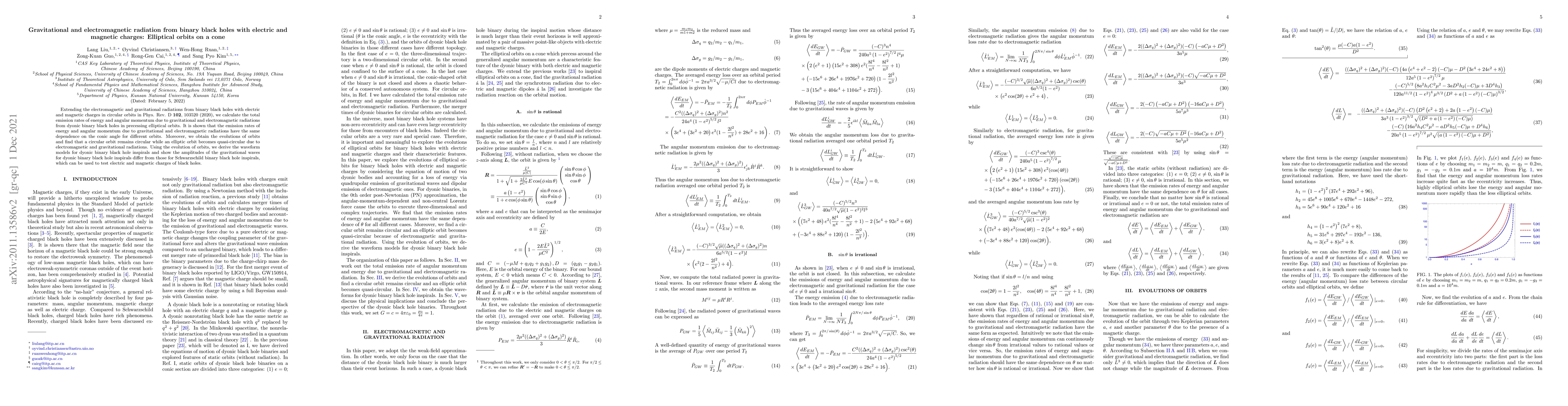 Thumbnail for Gravitational and electromagnetic radiation from binary black holes with
  electric and magnetic charges: Elliptical orbits on a cone