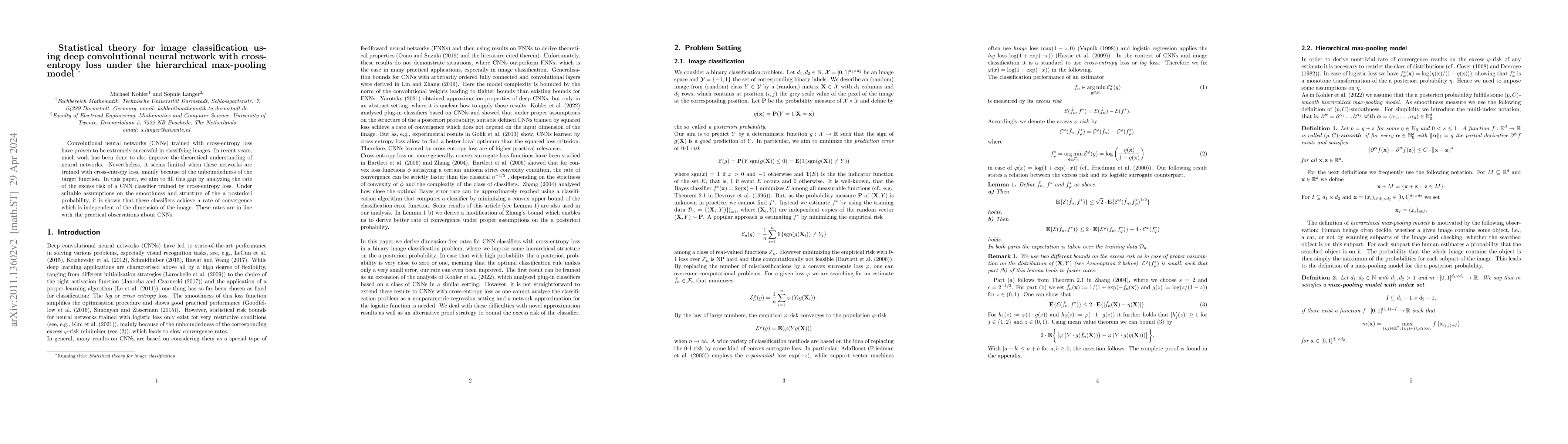 Thumbnail for Statistical theory for image classification using deep convolutional
  neural networks with cross-entropy loss under the hierarchical max-pooling
  model