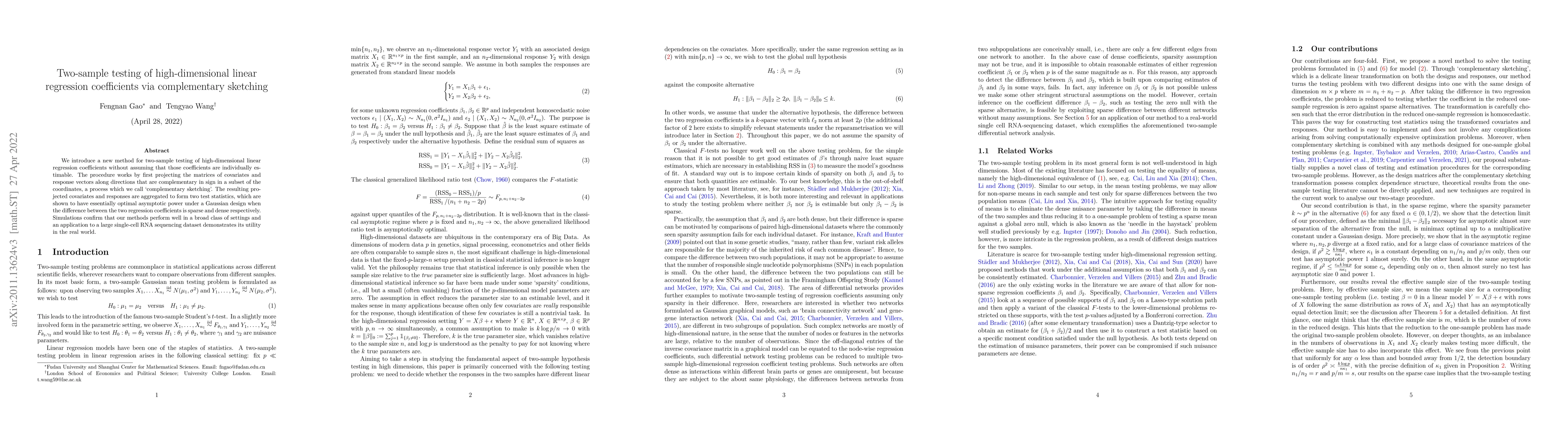 Thumbnail for Two-sample testing of high-dimensional linear regression coefficients
  via complementary sketching