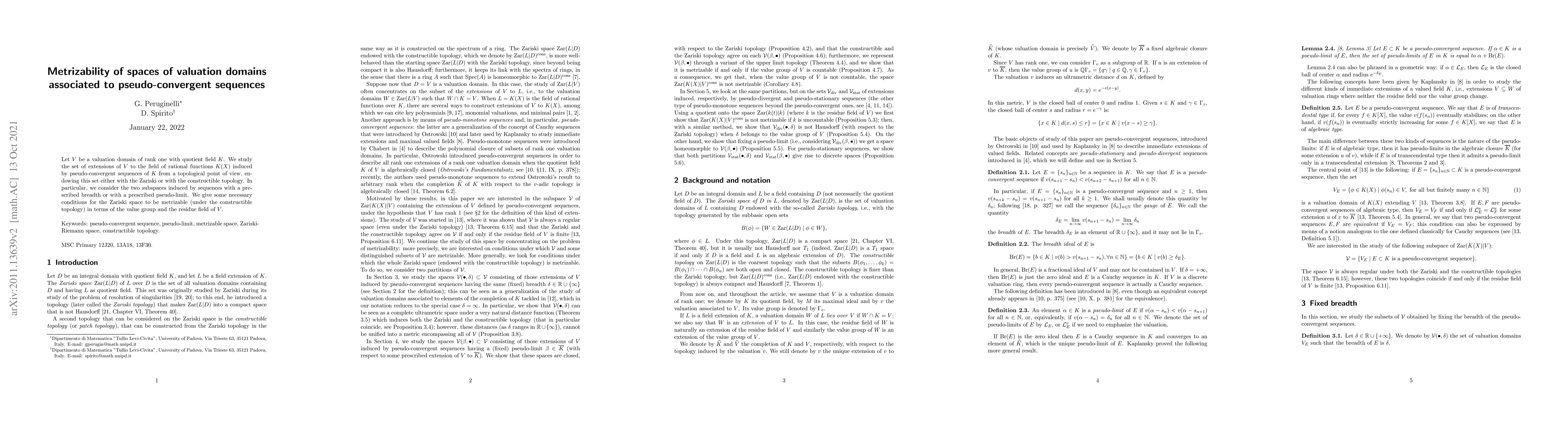 Thumbnail for Metrizability of spaces of valuation domains associated to
  pseudo-convergent sequences