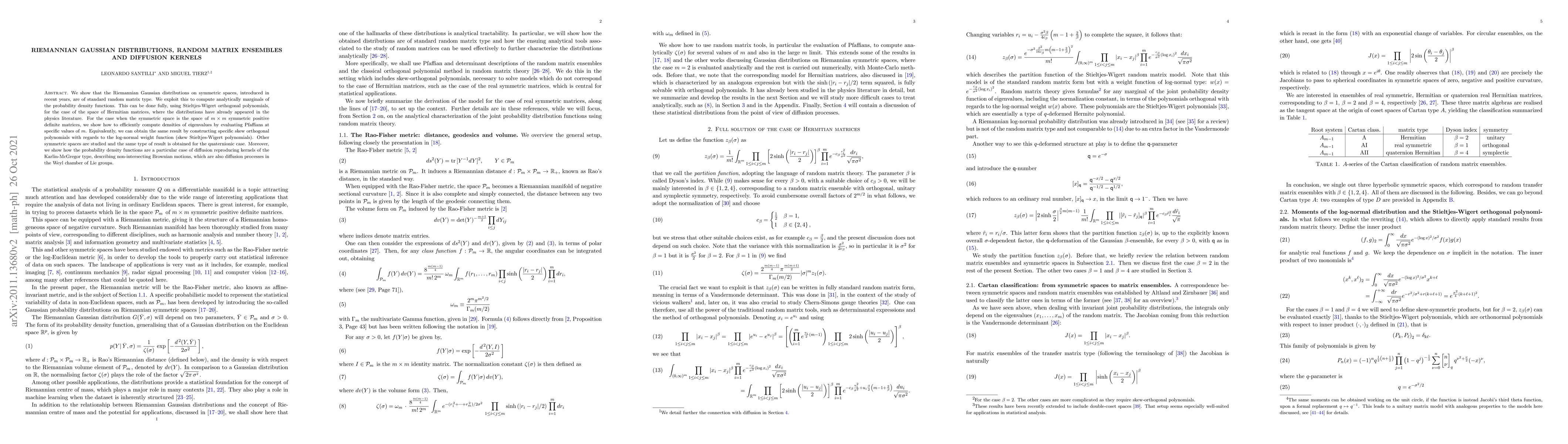 Thumbnail for Riemannian Gaussian distributions, random matrix ensembles and diffusion
  kernels