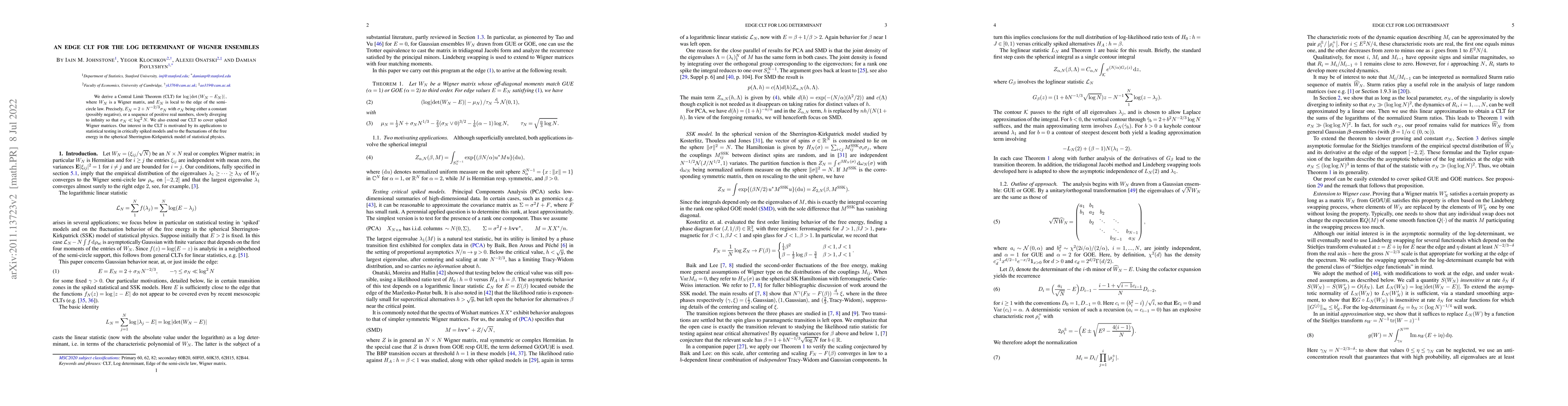 Thumbnail for An edge CLT for the log determinant of Wigner ensembles