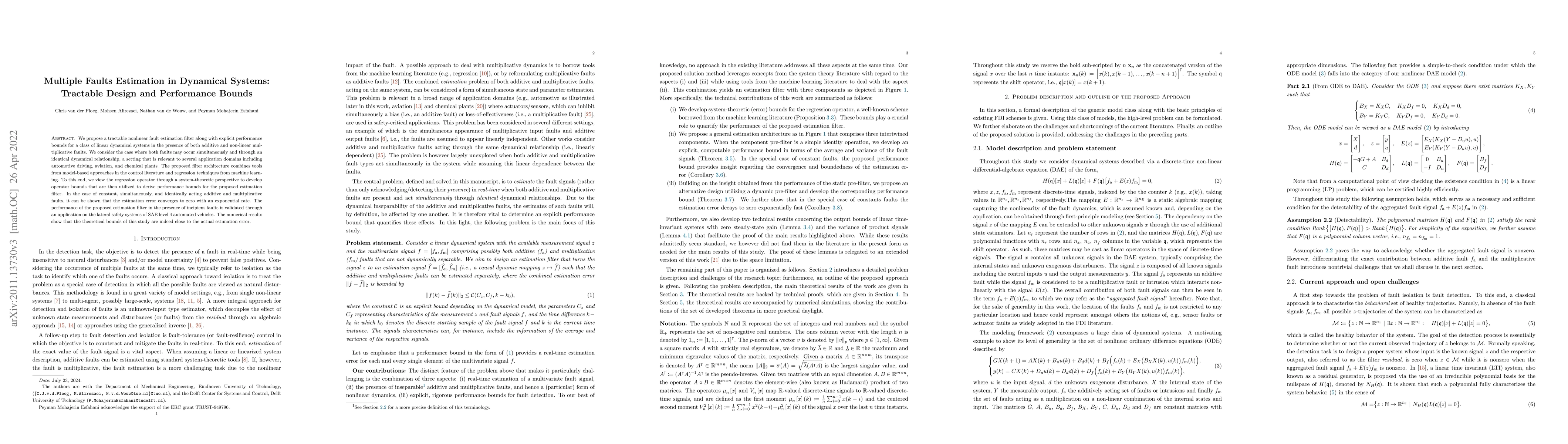 Thumbnail for Multiple Faults Estimation in Dynamical Systems: Tractable Design and
  Performance Bounds