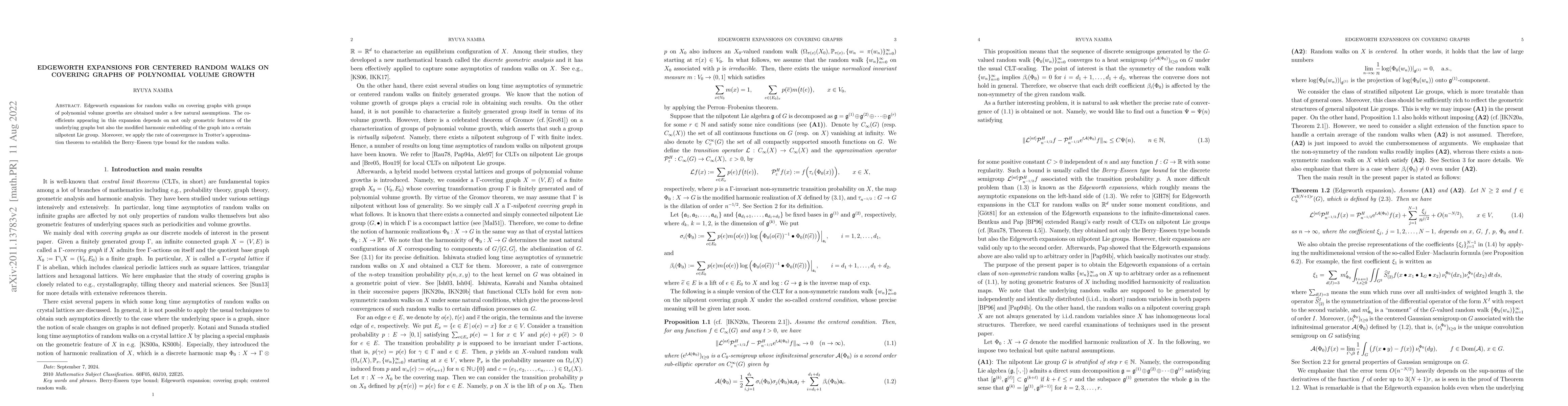 Thumbnail for Edgeworth expansions for centered random walks on covering graphs of
  polynomial volume growth