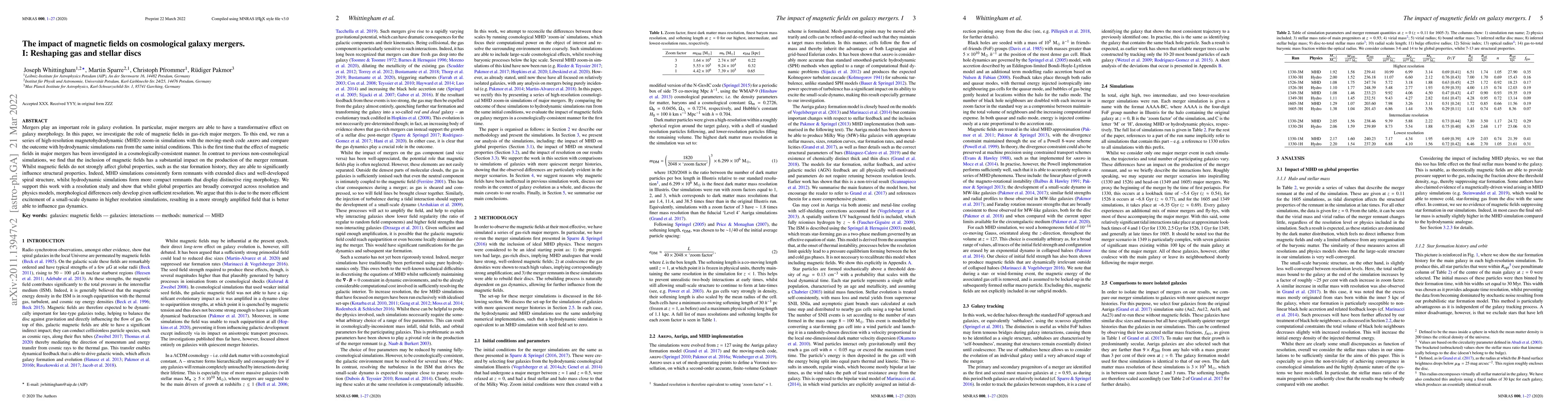 Thumbnail for The impact of magnetic fields on cosmological galaxy mergers. I:
  Reshaping gas and stellar discs