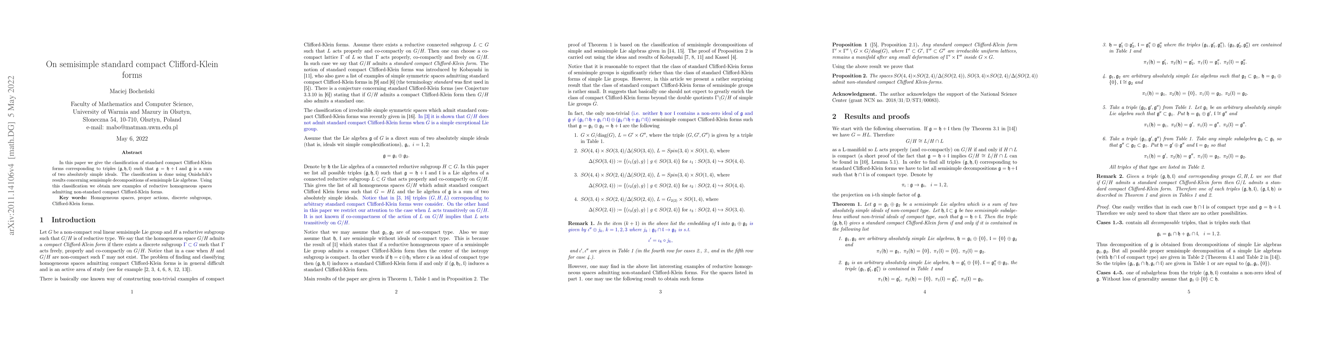 Thumbnail for On semisimple standard compact Clifford-Klein forms