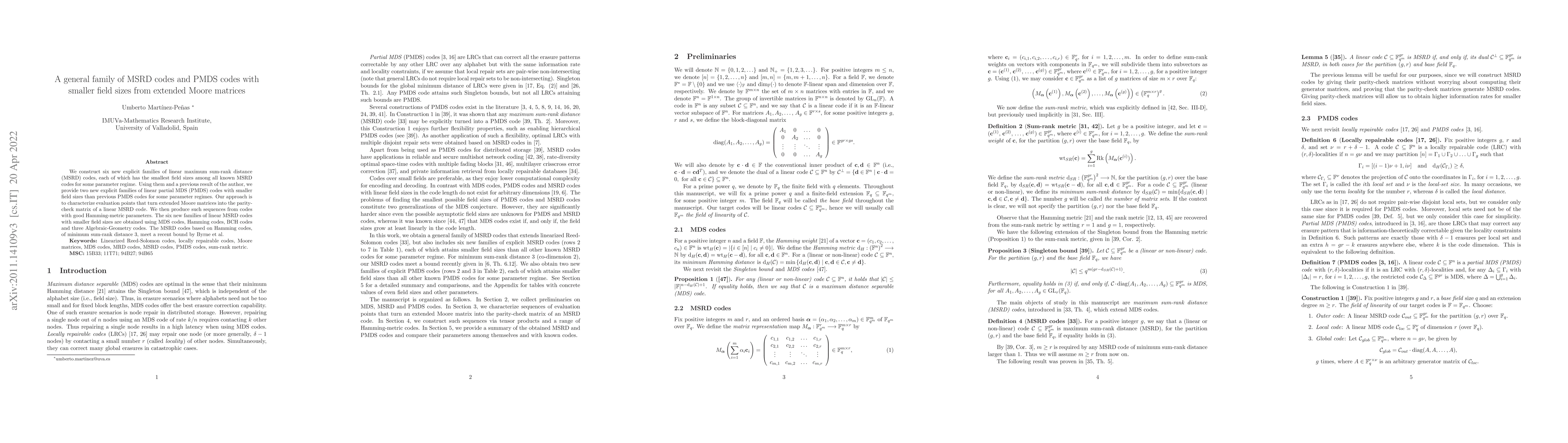 Thumbnail for A general family of MSRD codes and PMDS codes with smaller field sizes
  from extended Moore matrices