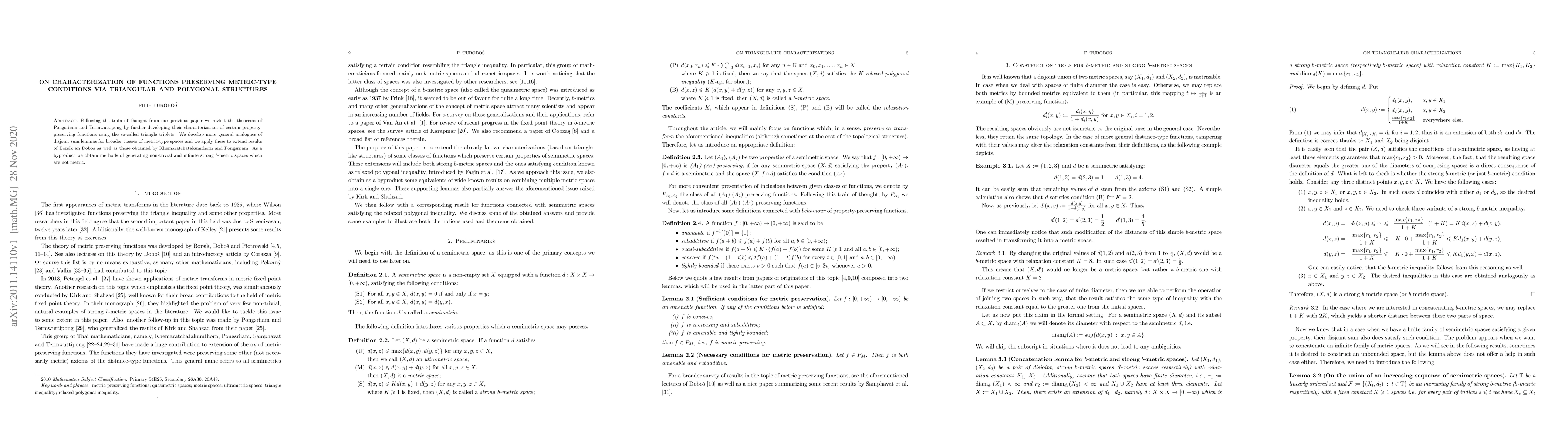 Thumbnail for On characterization of functions preserving metric-type conditions via
  triangular and polygonal structures
