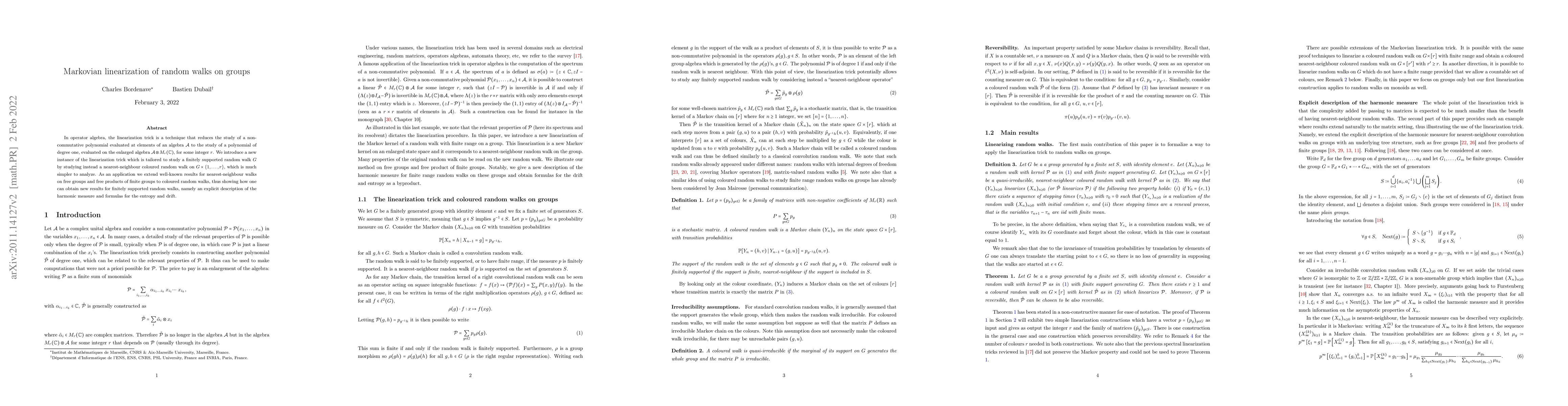Thumbnail for Markovian linearization of random walks on groups