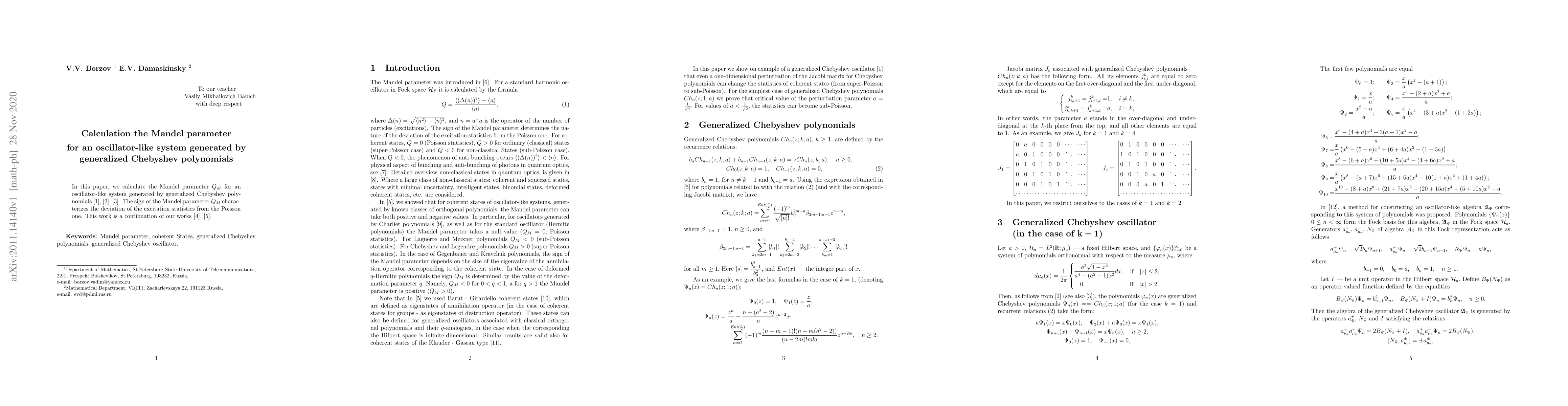Thumbnail for Calculating the Mandel parameter for an oscillator-like system generated
  by generalized Chebyshev polynomials