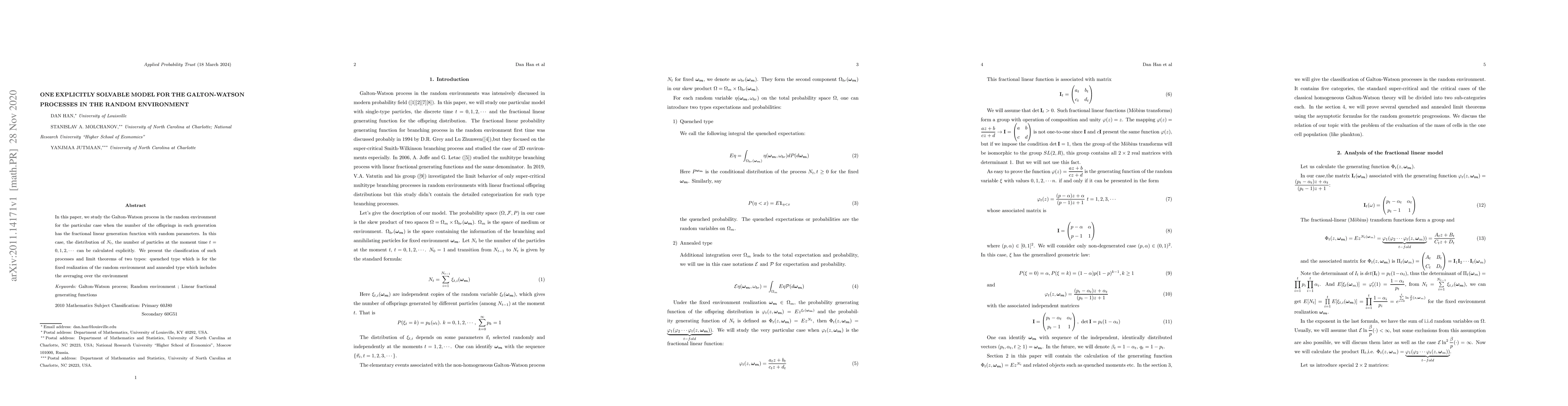 Thumbnail for One Explicitly Solvable Model For The Galton-Watson Processes In the
  Random Environment