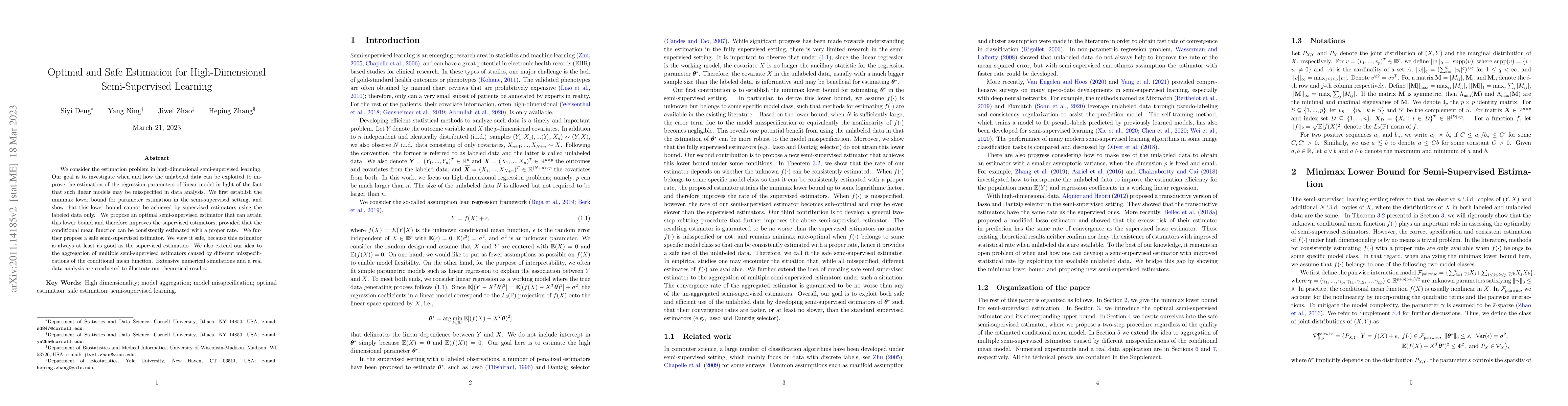 Thumbnail for Optimal and Safe Estimation for High-Dimensional Semi-Supervised
  Learning