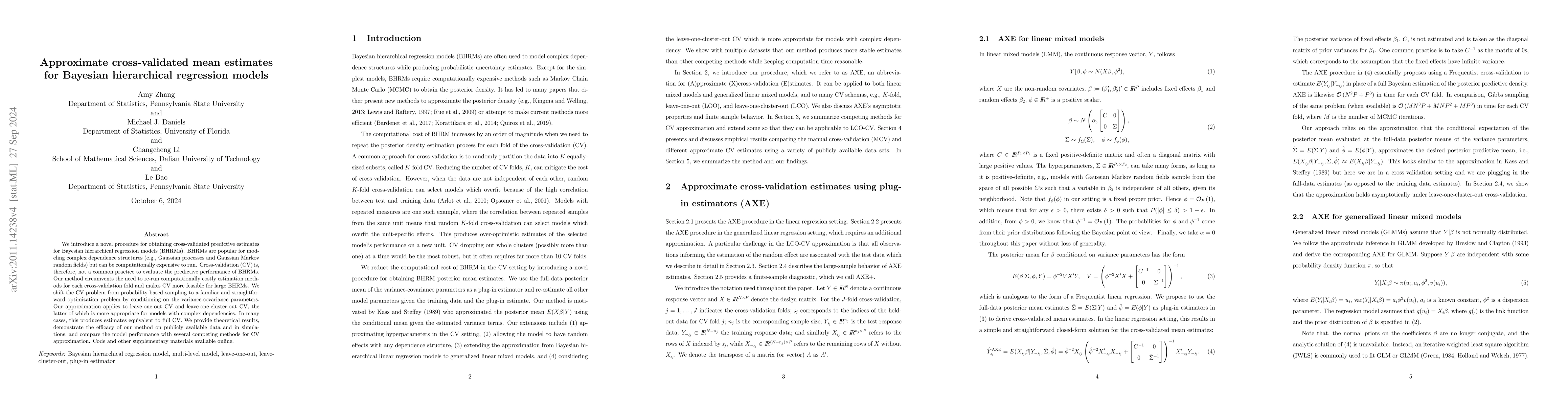 Thumbnail for Approximate Cross-validated Mean Estimates for Bayesian Hierarchical
  Regression Models