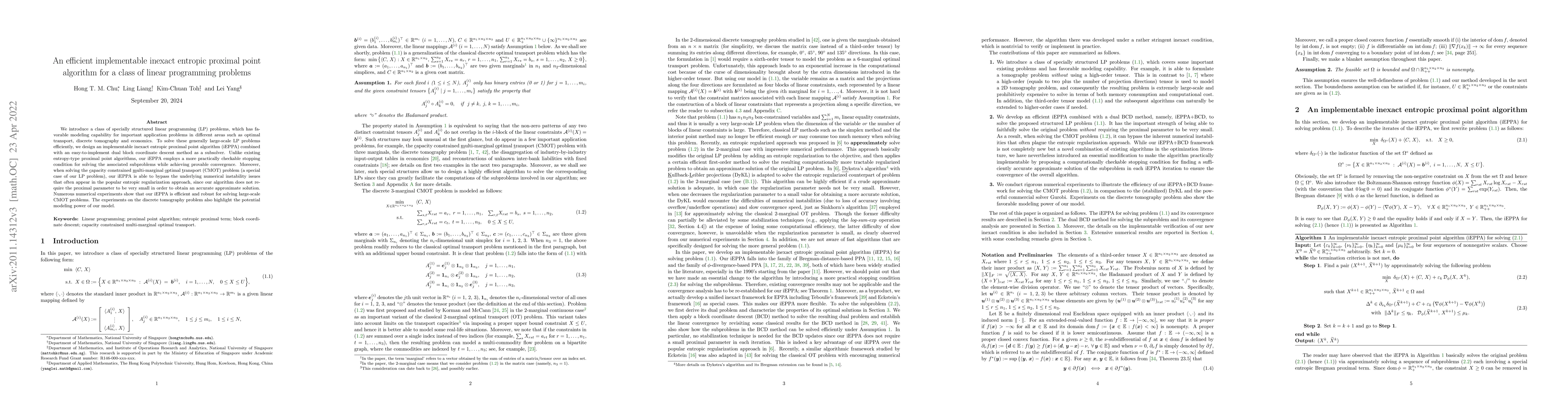 Thumbnail for An efficient implementable inexact entropic proximal point algorithm for
  a class of linear programming problems