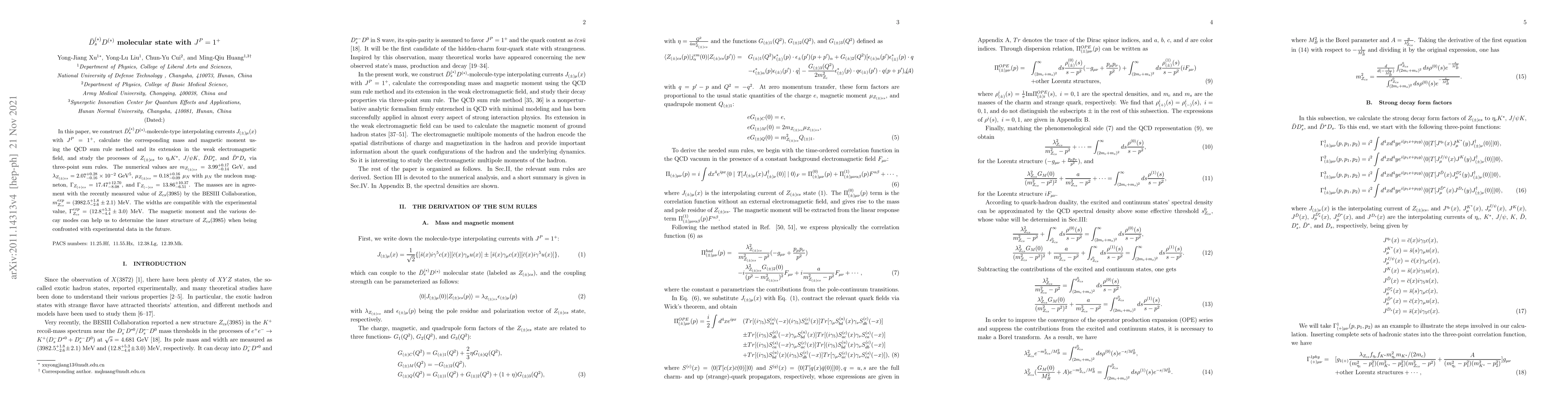 Thumbnail for $\bar{D}^{(*)}_{s}D^{(*)}$ molecular state with $J^{P}=1^{+}$